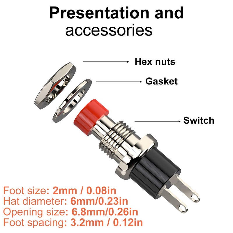 DIYhz Momentary Push Button Switch, 1A 250VAC SPST Mini Pushbutton Switches Normally Open(NO) Red Cap - 20pcs - Image 3